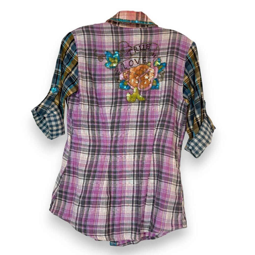 Patchwork Plaid Embroidered Sequin Top Shirt Butt… - image 3